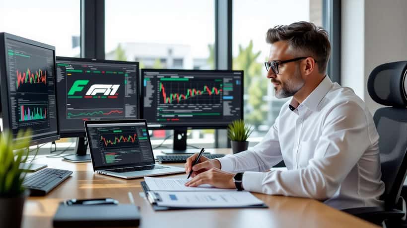 Avvocato sportivo che esamina documenti di penalità FIA per Formula 1 in ufficio a Milano