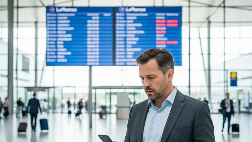 Geschäftsreisender hält Bordkarte am Flughafen München mit Anzeigetafel im Hintergrund