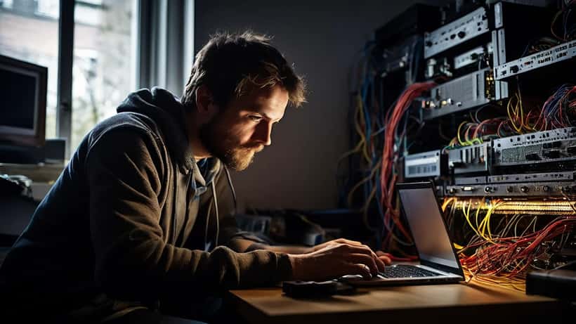 Technicien informatique configurant un routeur Wi-Fi 6E pour un réseau domestique haute vitesse à Montréal