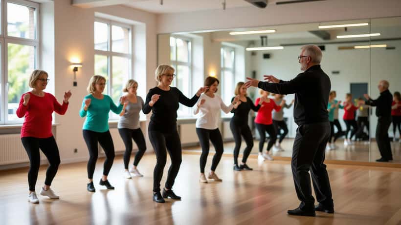 Voksne øver på dansetrinn i et lyst dansestudio med speilvegg og instruktør