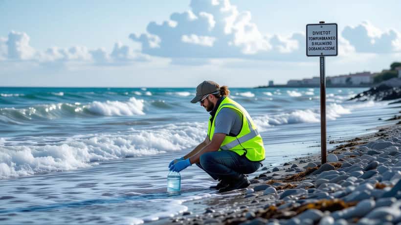 Tecnico ambientale che preleva campioni d'acqua dal mare Adriatico dopo un temporale estivo ad Ancona, con cartello di divieto di balneazione sullo sfondo