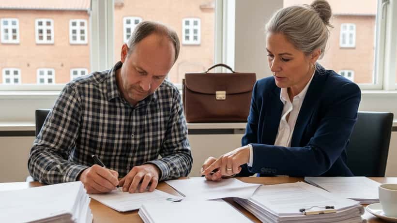 Underskrift på en juridisk kontrakt med advokat og dokumenter