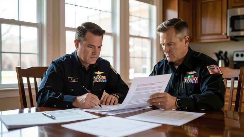 Man reviewing military deployment orders and commercial contracts at kitchen table in suburban home