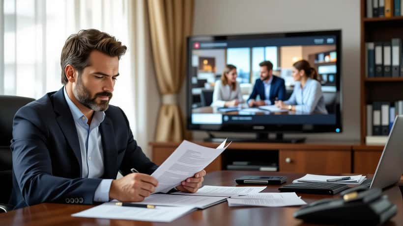 Homem lê contrato de televisão em escritório de advogado com ecrã de reality show ao fundo, Lisboa 2026