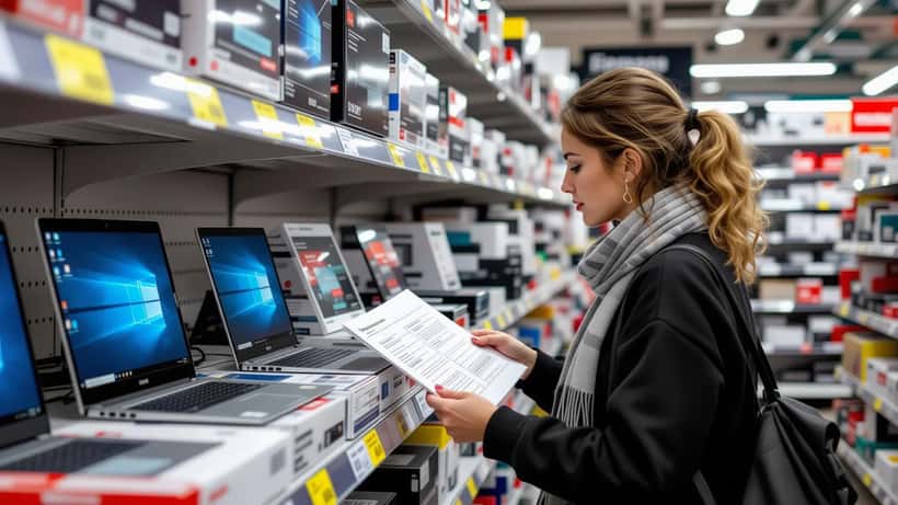 Kvinde sammenligner bærbare computere og RAM-specifikationer i en dansk elektronikbutik
