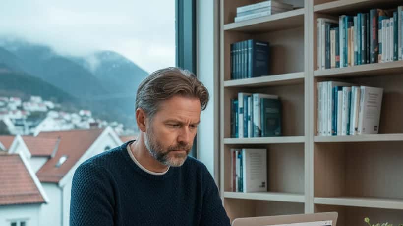 Norsk mann gjennomgår investeringsportefølje på laptop hjemme i Bergen, april 2026