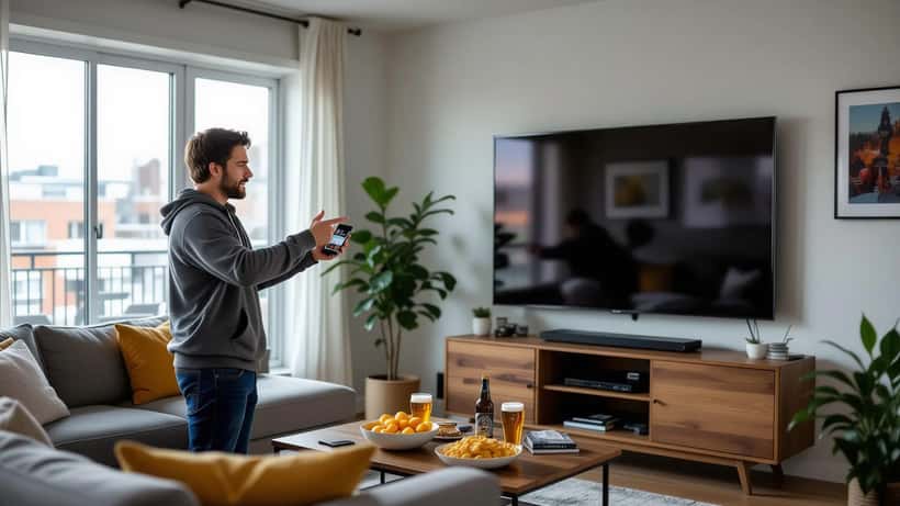 Consumer electronics technician examining a blank smart TV screen in a Montreal living room during NFL game night