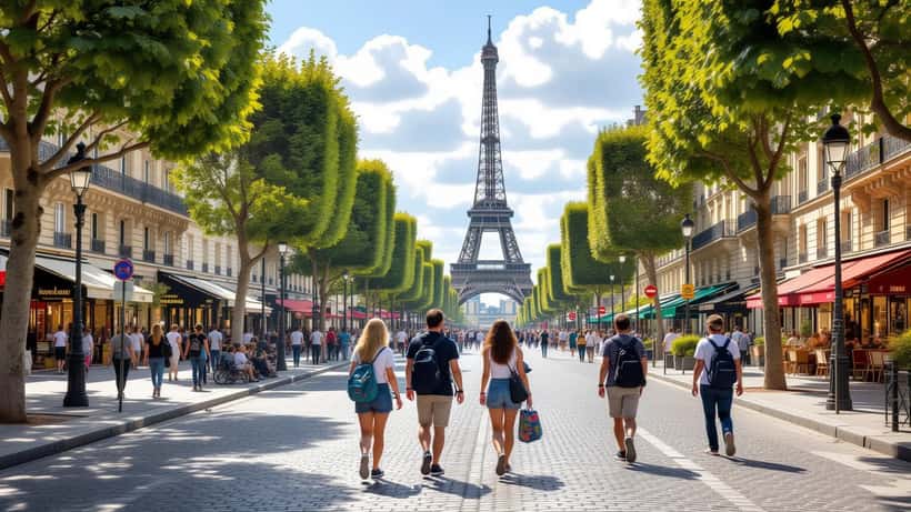 Turistas caminan por una avenida arbolada cerca de la Torre Eiffel durante la ola de calor de París en 2026