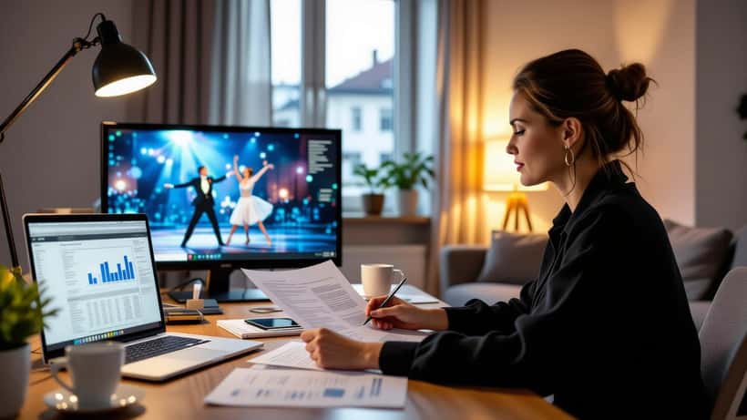 Suomalainen nainen tarkastaa veroasiakirjoja kotonaan television näyttäessä tanssikisojen esityksen taustalla