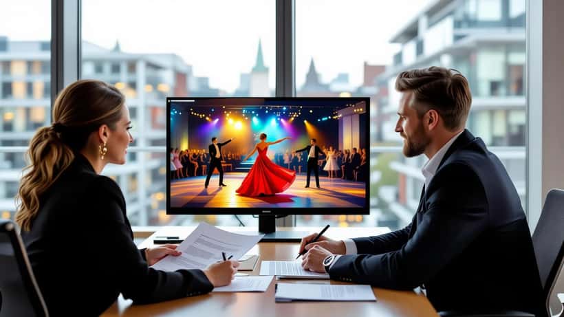 UK professional reviewing employment contract at desk with TV showing ballroom dancing in background