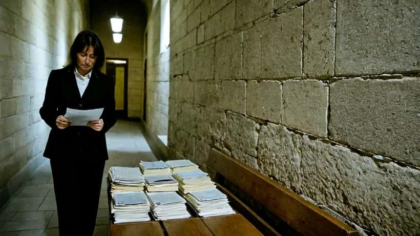 Avocate tenant un dossier juridique dans le couloir d'un palais de justice français