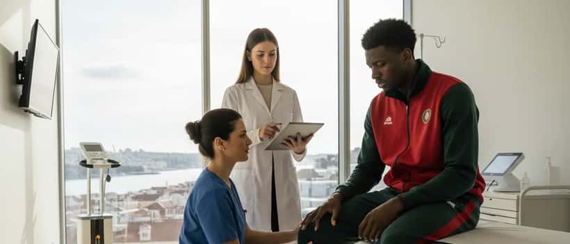 Médico desportivo examinando joelho de atleta de basquetebol em consultório médico