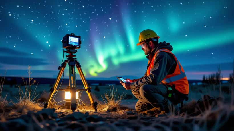 Construction contractor checking GPS survey equipment at night under vivid aurora borealis in Montana
