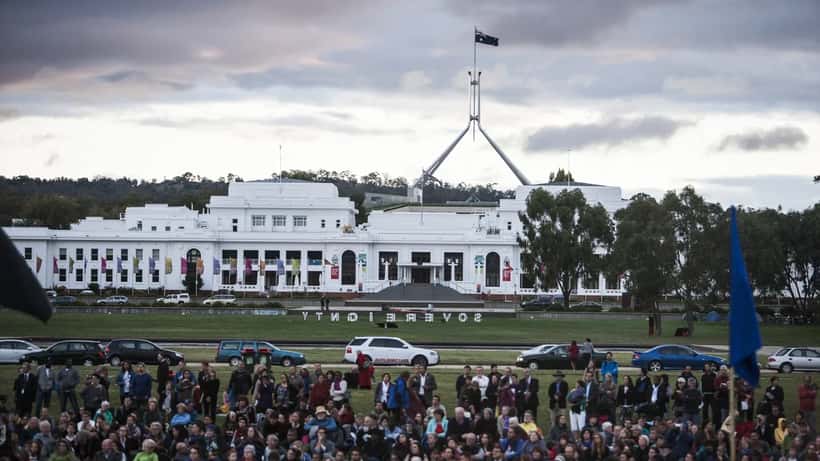 Crowd at Reconciliation Place in Canberra during a ceremony, representing Australian reconciliation
