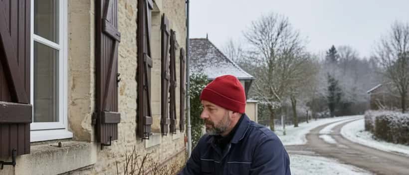 Plombier inspectant des canalisations extérieures en hiver
