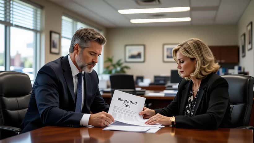 Attorney reviewing wrongful death documents with grieving family member in Iowa law office