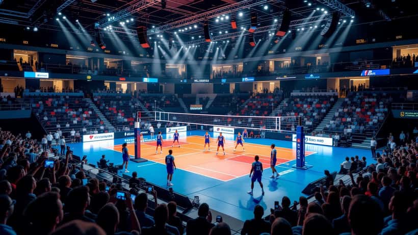 Arena di pallavolo durante la VNL maschile 2026 con tifosi azzurri