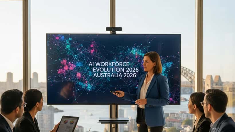 Australian IT consultant presents AI workforce data to colleagues in a Sydney CBD office with harbour view