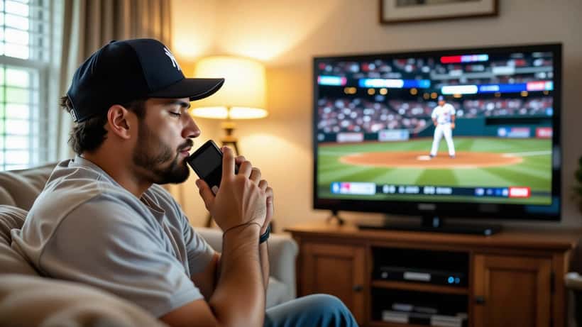 Aficionado hispano frustrado mirando partido Yankees-Orioles bloqueado en MLB.TV