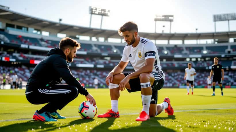 Footballer in Spain training gear warming up on touchline with physiotherapist monitoring his knee