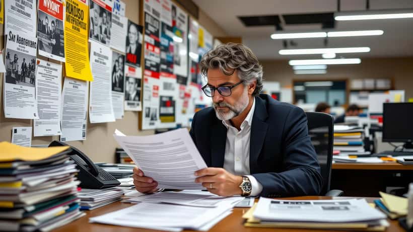 Giornalista italiano che esamina un contratto di lavoro in una redazione fiorentina dopo il cambio di proprietà di Editoriale Nazionale