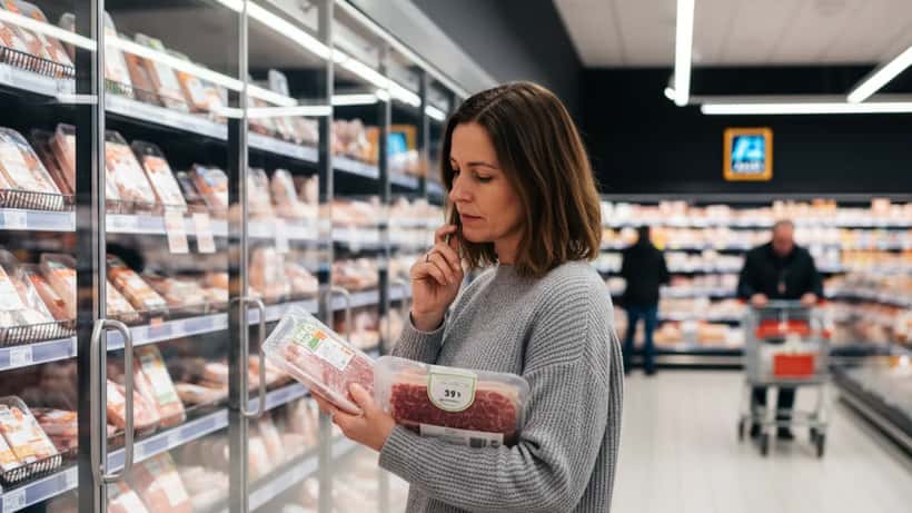 Frau liest neue Haltungsform-Kennzeichnung auf Fleischverpackung in einem deutschen Supermarkt