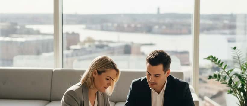 Svensk finansiell rådgivare diskuterar investeringsportfölj med klient i modernt kontor