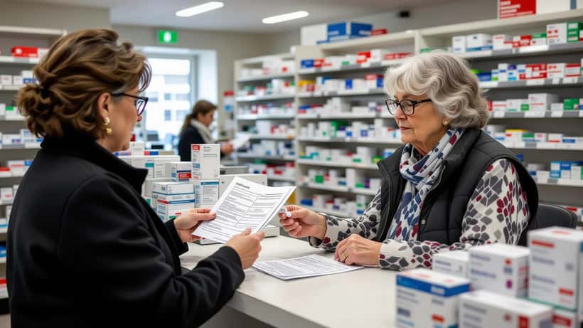 Femme âgée consultant un pharmacien pour ses anticoagulants AVK et son bilan INR