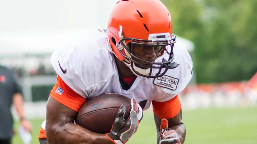 Nick Chubb in Cleveland Browns uniform running with the football during an NFL game