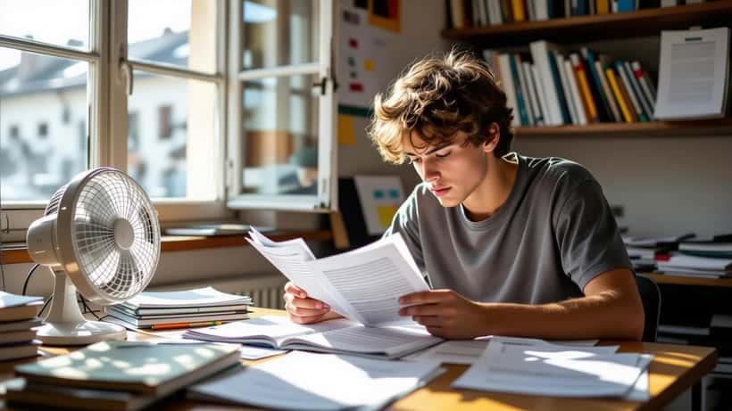 Collégien révisant ses cours de brevet dans une salle de classe surchauffée en période de canicule 2026