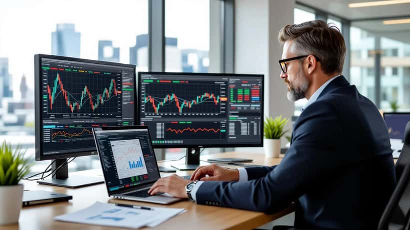 UK professional reviewing Nasdaq performance charts on laptop in City of London office October 2026