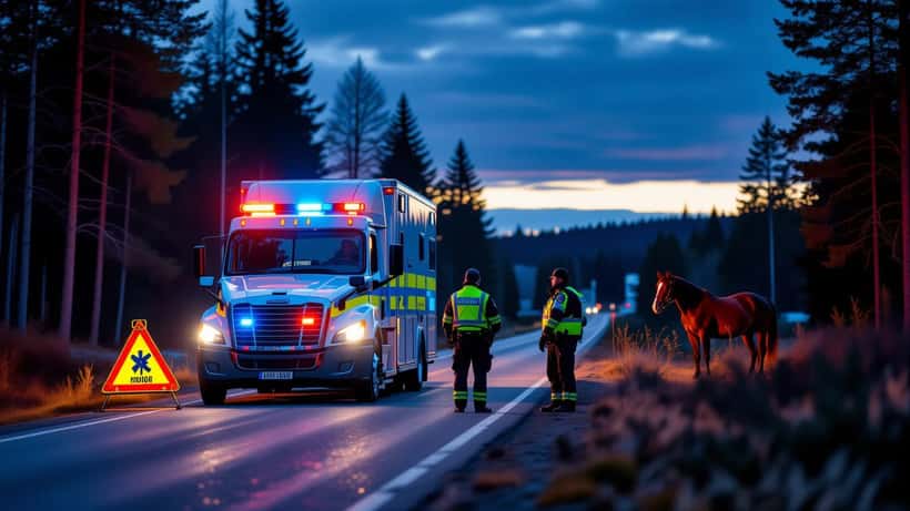 Polis och ambulanspersonal vid en lastbil på en mörk landsväg nära Timrå under oktoberkvällen