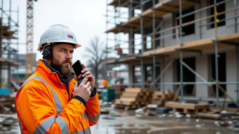 Dansk byggepladsformand tjekker vejr-app på mobiltelefon under overskyet forårshimmel