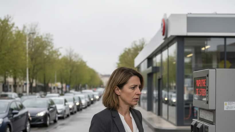 Femme devant une pompe à essence en rupture de stock dans une station-service de Lyon, avril 2026