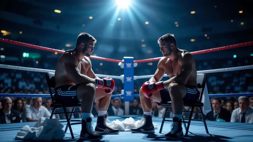 Ringside doctor checking a dazed heavyweight fighter's eyes with a penlight