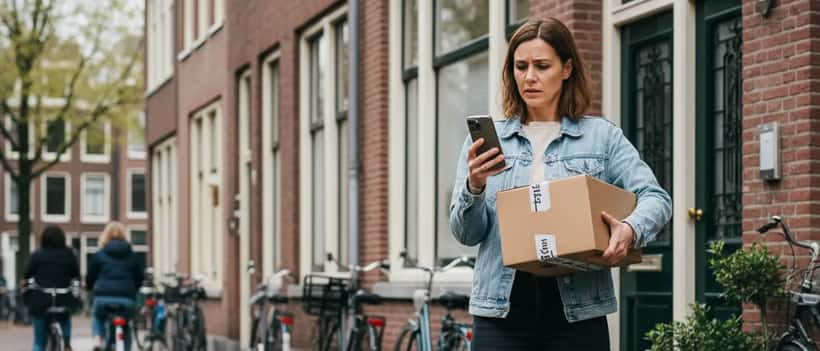 Nederlandse vrouw bij haar voordeur in Amsterdam ontvangt een bezorgpakket van een Aziatisch e-commerceplatform en bekijkt het bezorgdabel