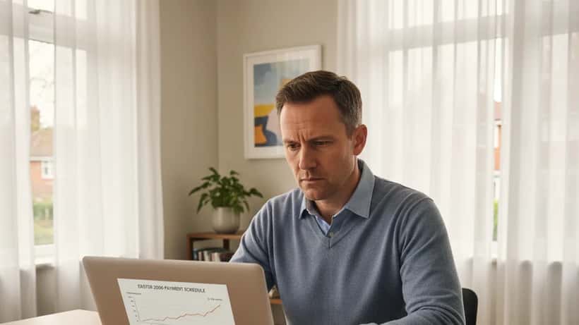British man reviewing online banking on laptop at home office during Easter weekend