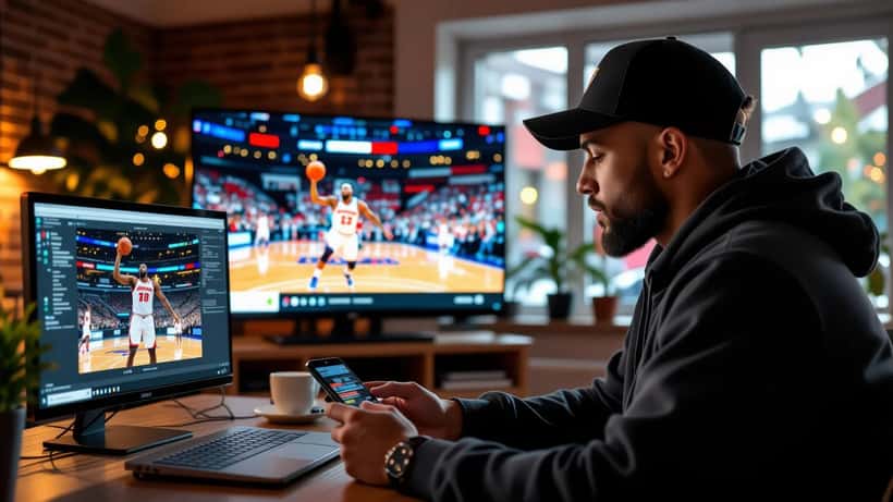 Apostador brasileiro consultando aplicativo de apostas esportivas durante playoff NBA Lakers x Thunder 2026