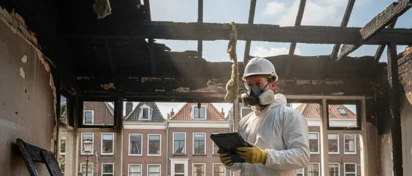 Aannemer inspecteert brandschade met asbest in Nederlandse woning