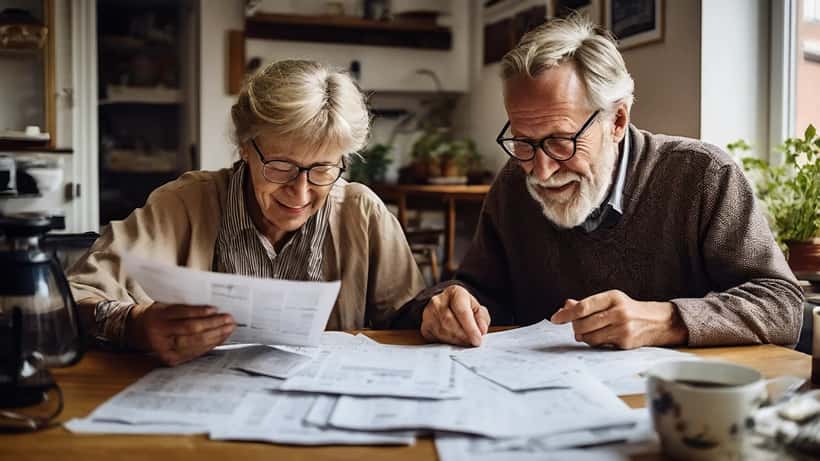 Ældre dansk par gennemgår pensionsdokumenter ved køkkenbordet