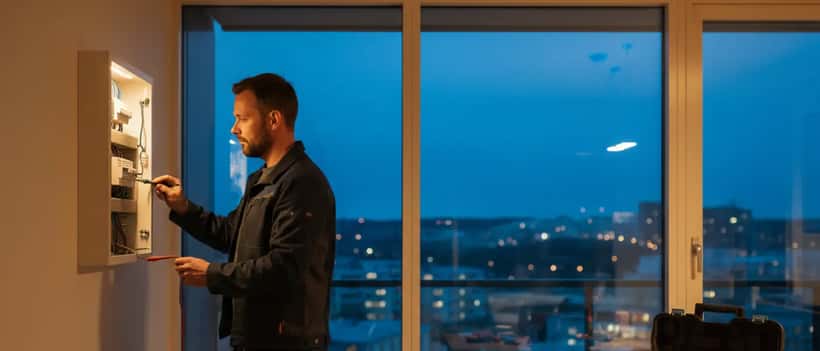 Elektriker som inspekterar elinstallation i lägenhet på kvällen