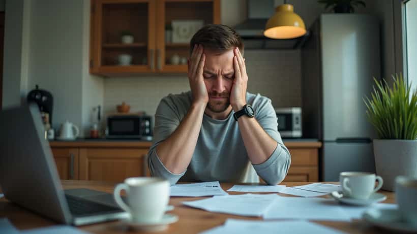 Österreichischer Mann unter Schuldenstress, umgeben von unbezahlten Rechnungen und Mahnbriefen