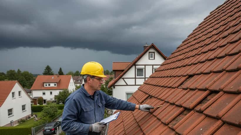 Handwerker inspiziert Dach eines deutschen Einfamilienhauses vor aufziehendem Sturm