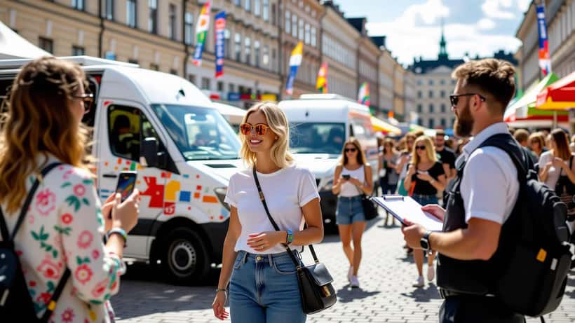 Värikkäs pakettiauto Helsingin kesätapahtumassa, ihmisiä kuvaamassa älypuhelimilla
