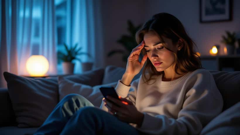Femme seule le soir, tendue, fixant les notifications de son smartphone