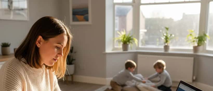 UK mother reviewing child benefit paperwork at home in 2026