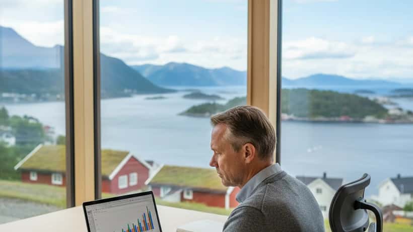 Norsk mann som gjennomgår investeringsportefølje ved hjemmekontor med fjordutsikt