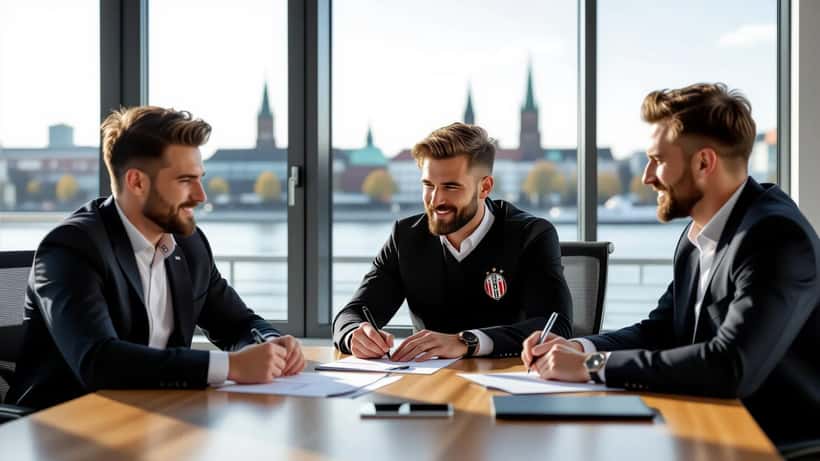 Profifußballer unterzeichnet Transfervertrag im Büro eines Bundesligavereins