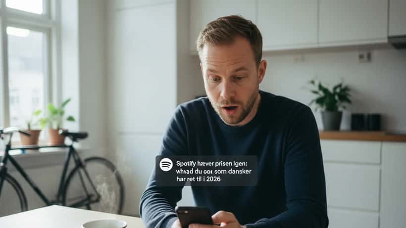 Mand tjekker prisstigning i streaming-app på smartphone i dansk hjem