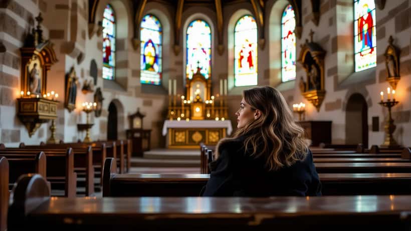 Femme assise seule dans une église catholique traditionnelle de Lyon, regard vers l'autel, après l'excommunication FSSPX 2026